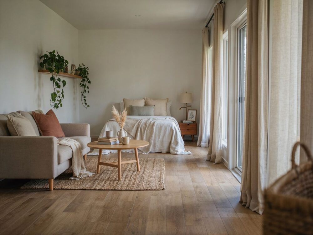 nowoczesne wnętrze salonu ze łóżkiem