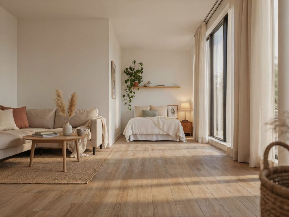 przestrzeń łącząca salon i sypialnię